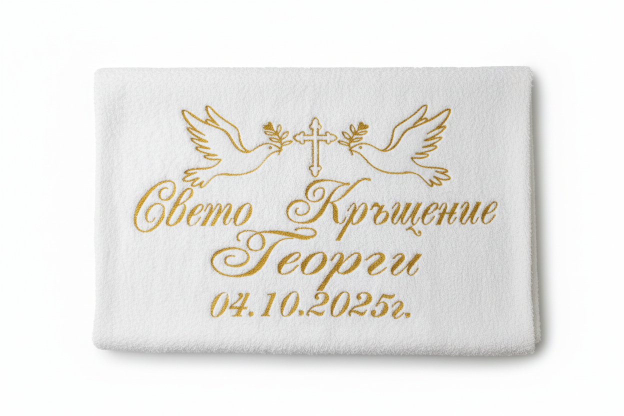 Кръщелна кърпа с бродерия "Свето Кръщение" — гълъби и кръст