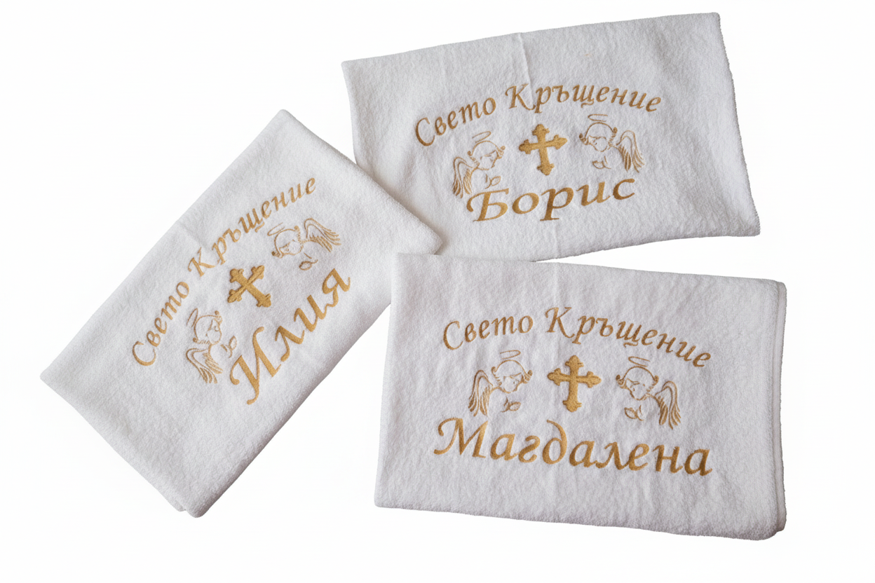 Кръщелна кърпа с бродерия "Свето Кръщение" — ангели и кръст