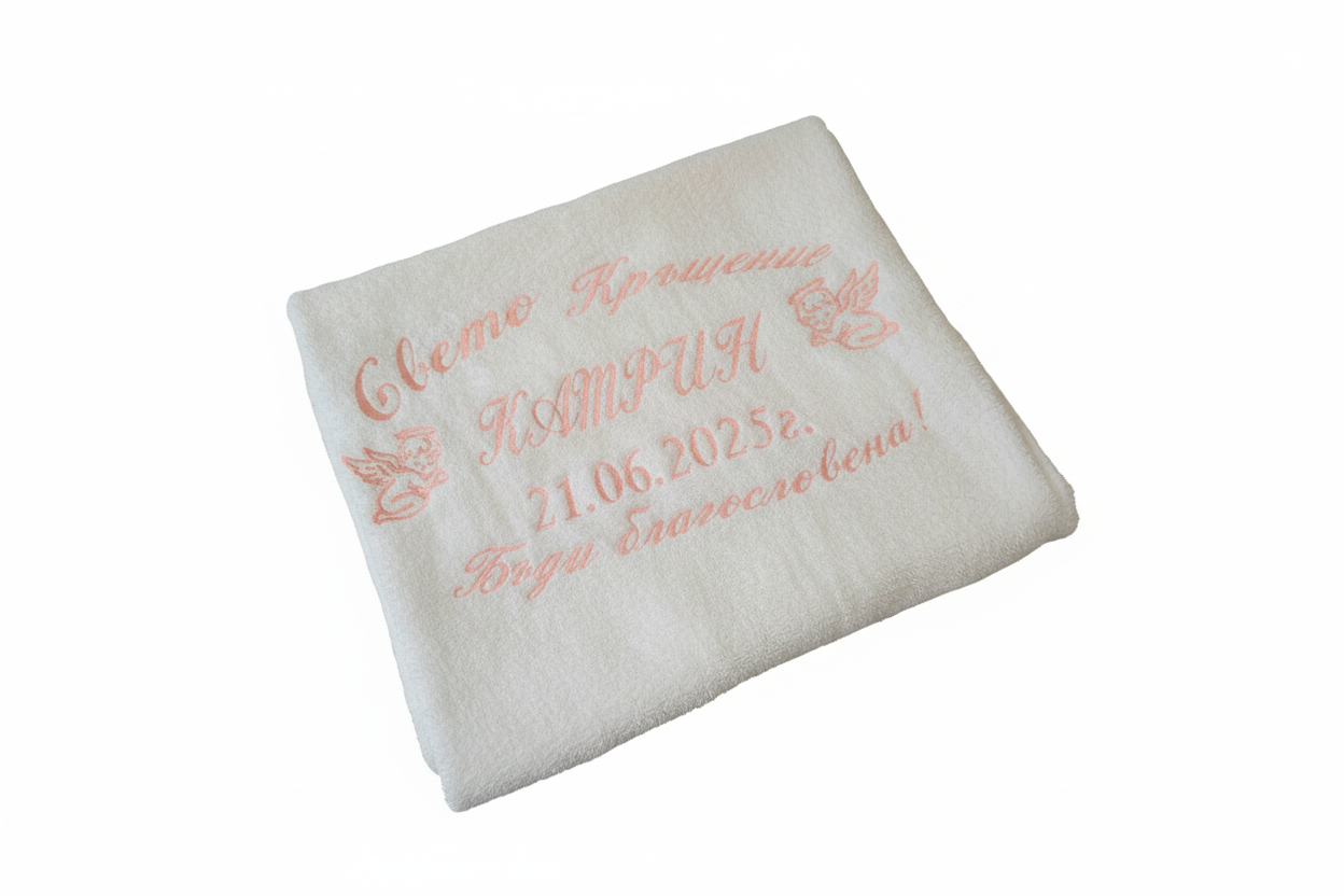Кърпа за кръщене с бродерия "Свето Кръщение + име + дата" — ангелчета