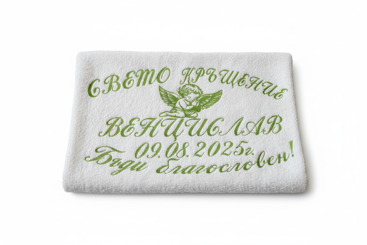 Кърпа за кръщене с бродерия "Свето Кръщение + име + дата" — ангел зелена бродерия
